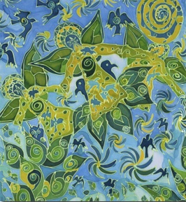 image shows a painting of turquoise green and yellow angels with leaf wings